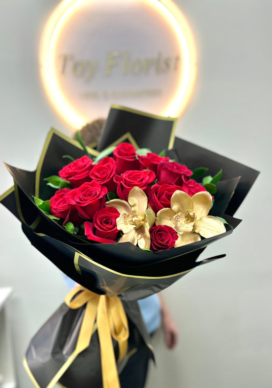 Chinese Valentine’s Day Flowers - Golden Orchid Rose Bouquet - Toy Florist