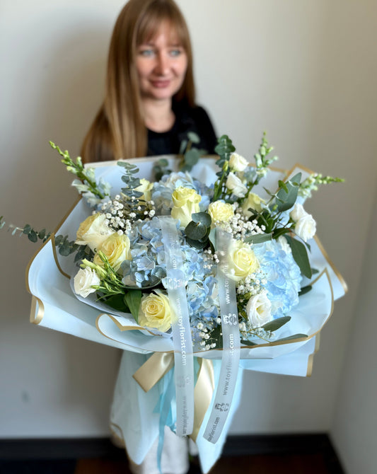 blue hydrangea bouquet Vaughan Flower Shop Toy Florist