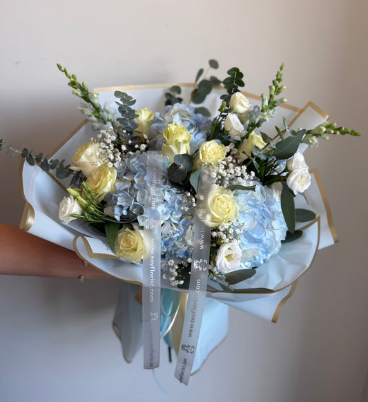 blue hydrangea bouquet Vaughan Flower Shop Toy Florist