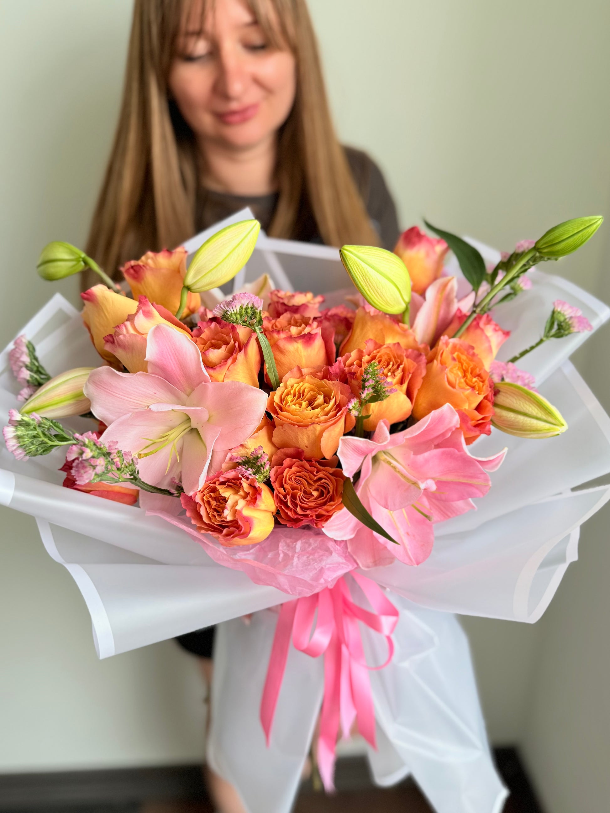 pink lily flower bouquet graduation buket