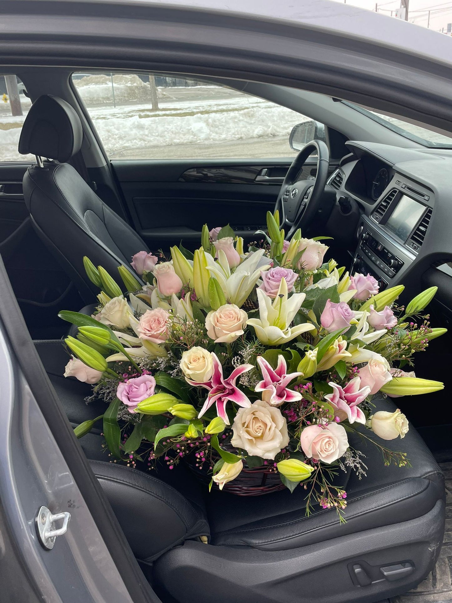 pink lily purple roses baseket- Toy Florist