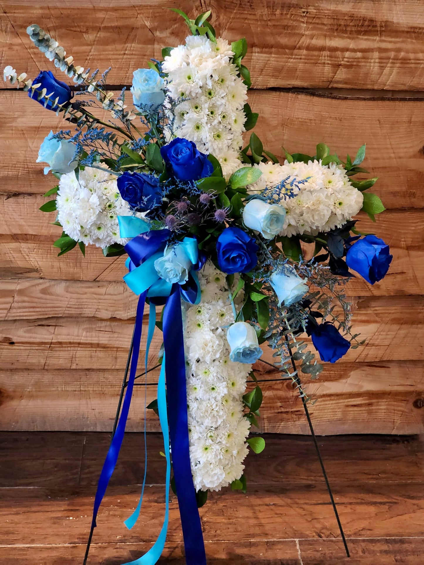 Serene Blessings Funeral Cross Stand with Royal Blue Rose