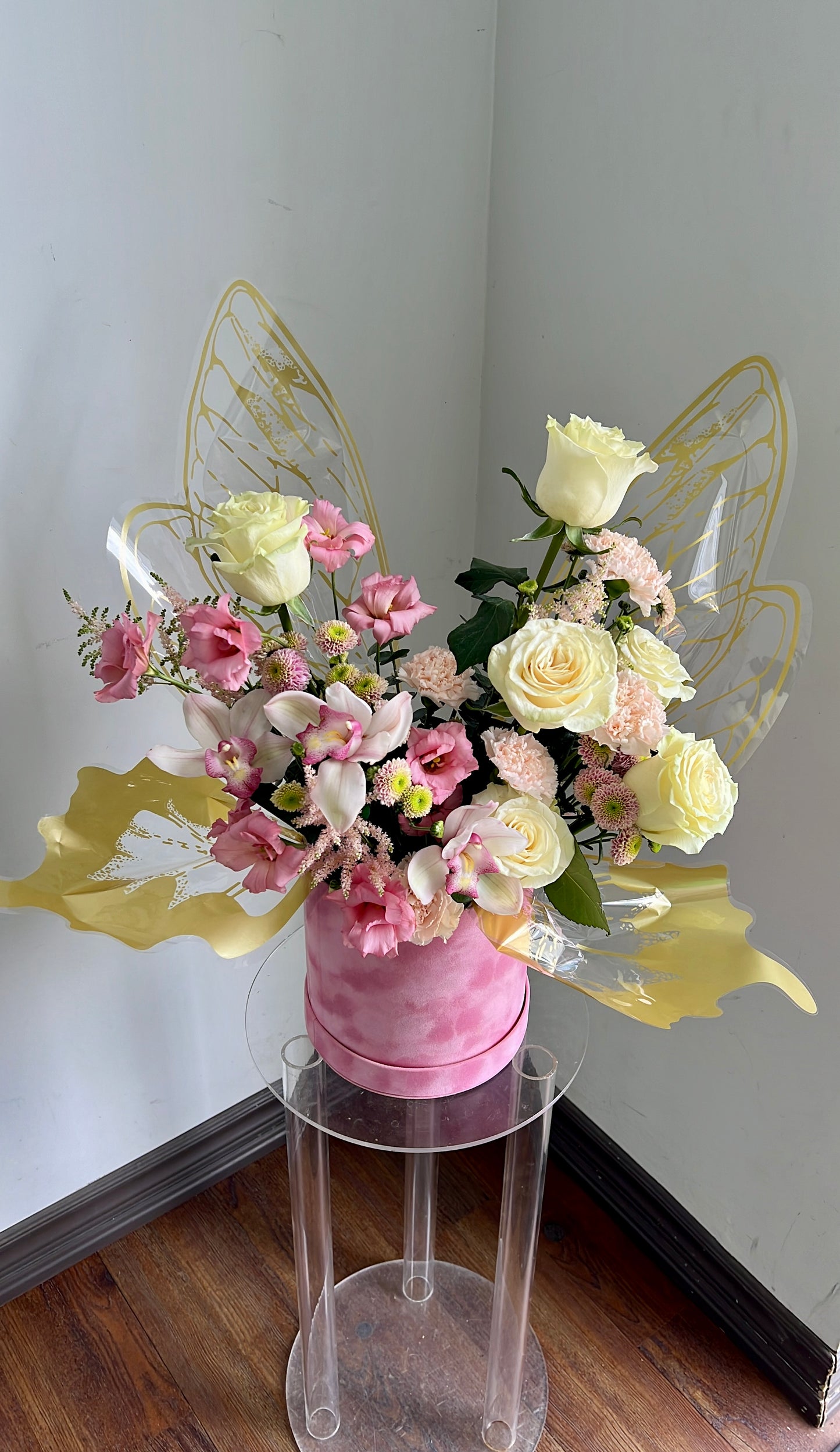 White Rose & Orchid Butterfly Flower Box