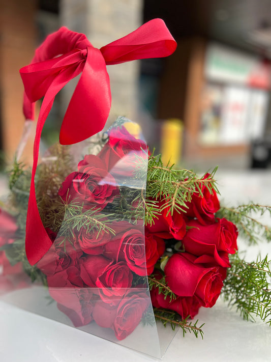 Red Roses Christmas Flowers in a Bag - Toy Florist
