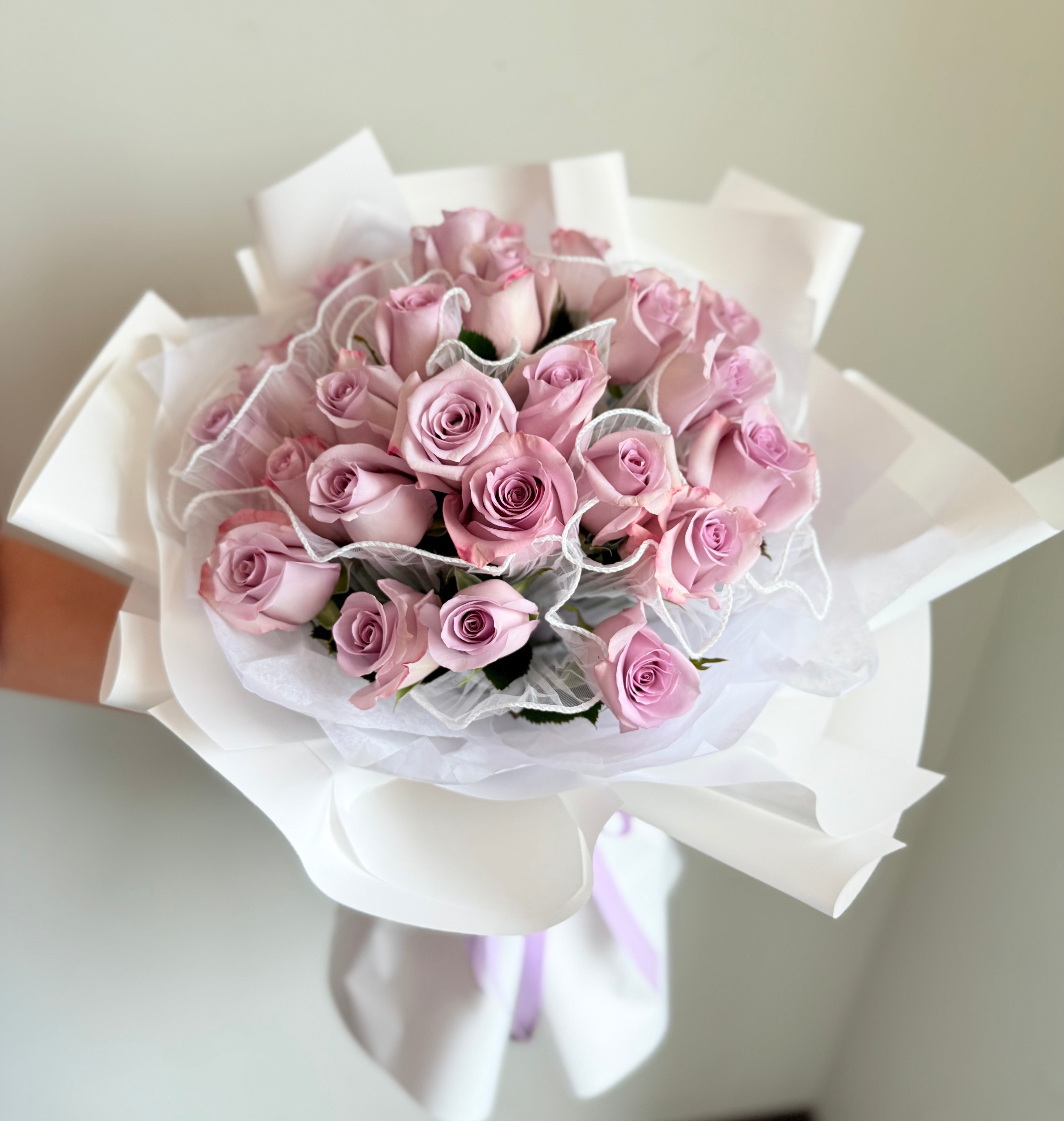 Lilac White Roses Lilac Luxe: Elegant White-Wrapped Flower Bouquet