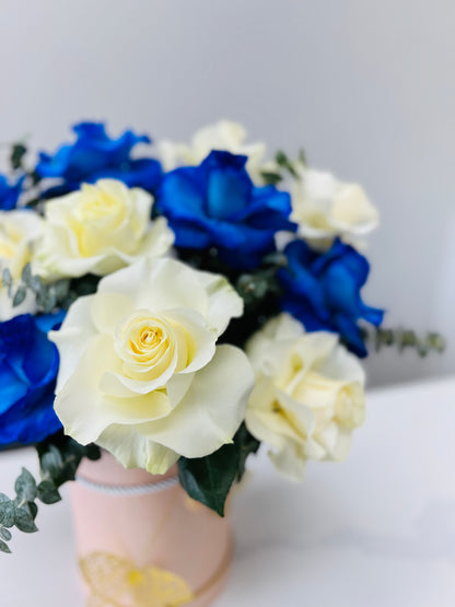 Blue, White, Pink Rose Box Arrangement