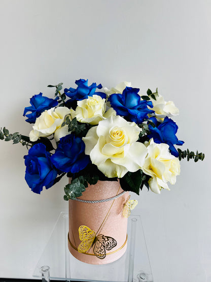 Blue, White, Pink Rose Box Arrangement