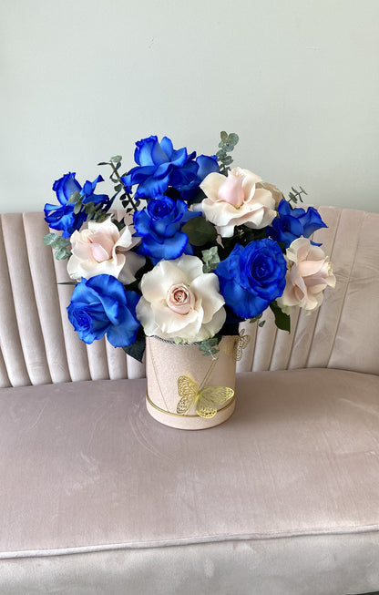 Blue, White, Pink Rose Box Arrangement