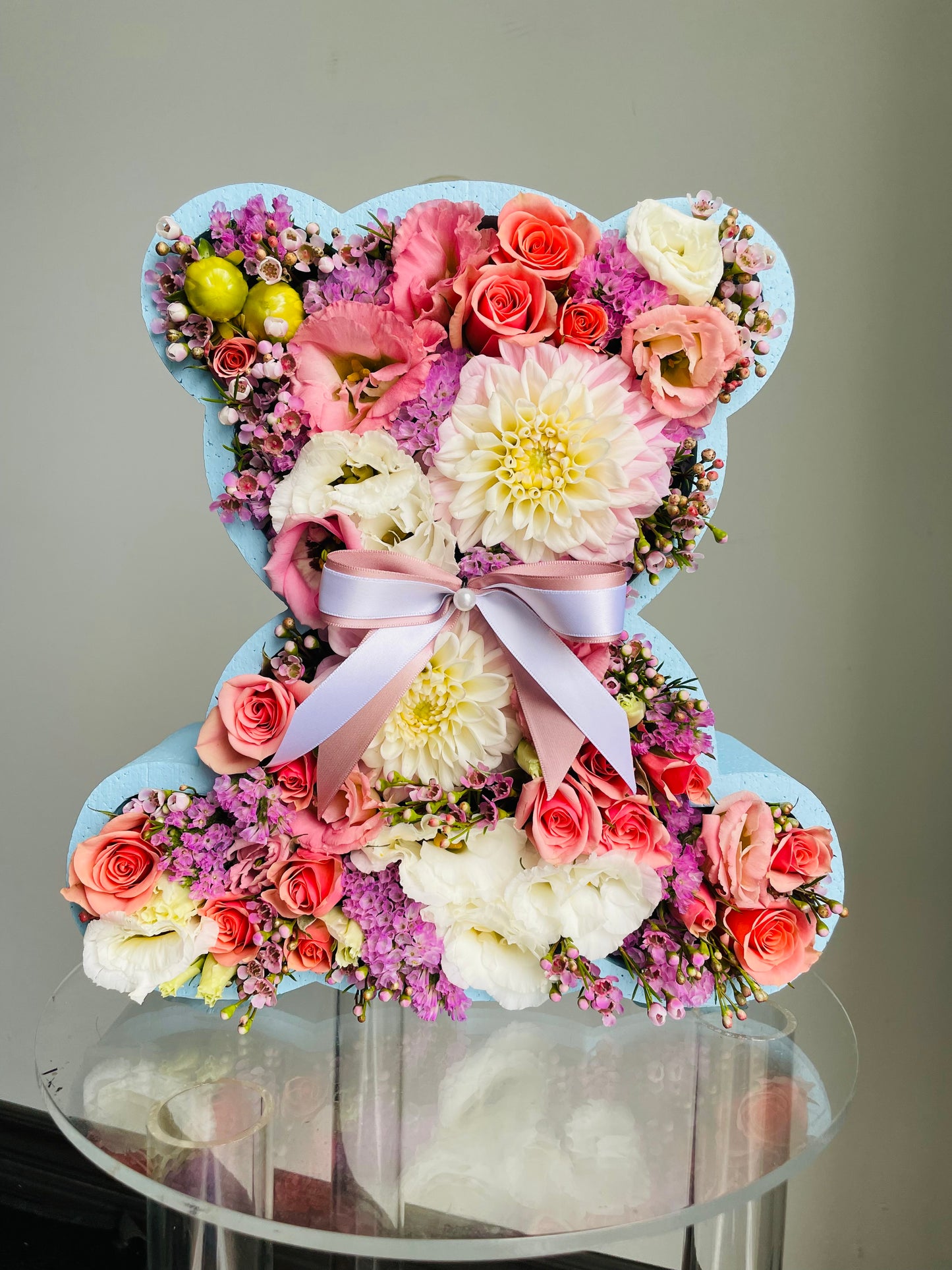 Teddy Bear Box with fresh flowers