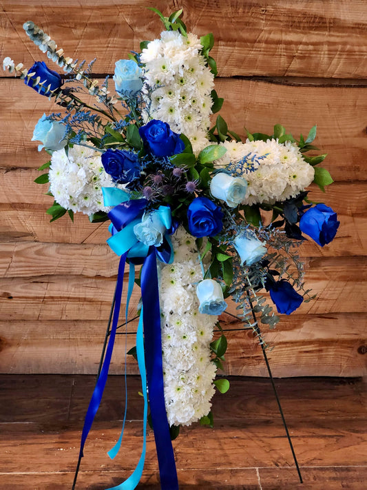 Serene Blessings Funeral Cross Stand with Royal Blue Rose